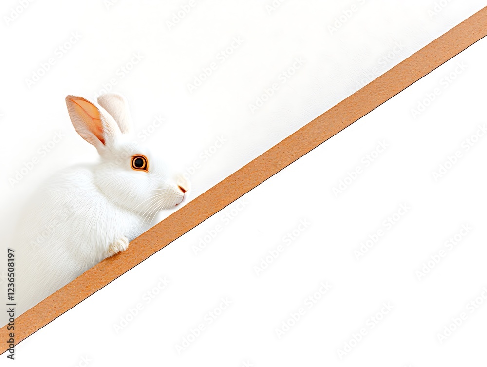 Poster White rabbit peeking over a diagonal surface with a clean background