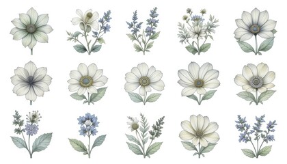 Fototapeta premium A set of sage flower illustrations on a white background