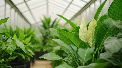Lush Greenery in a Bright Greenhouse Filled with Tropical Plants