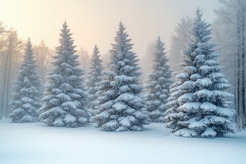 Naklejka premium Winter wonderland with snow-covered evergreen trees in the serene morning light