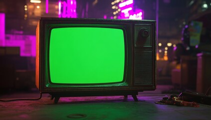 Retro TV Green Screen, Cyberpunk City Background