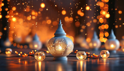 Diwali product display background podium, Golden diya elegance Festive light canopy, wooden, fairy lights, warm golden glow, temple bells, floral garlands, festive spirit, ad, podium platform