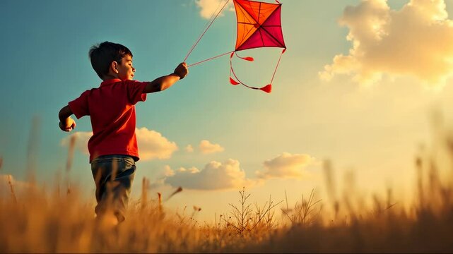 video. Little indian boy playing with kite in nature celebrating Makar Sankranti festival. Hindu harvest festival, celebrated at the winter solstice. Happy Makar Sankranti.	
