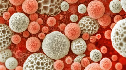 Detailed Close-Up of Colorful Microbial Structures on a Red Background