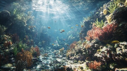 Fototapeta premium A beautiful underwater scene with coral reefs and sea plants, showcasing the natural beauty of marine life in its habitat. 