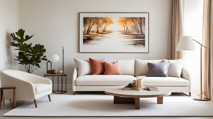 Serene Living Room: A minimalist living room design featuring a beige sofa, armchairs, and a wooden coffee table, complemented by a large landscape painting above.