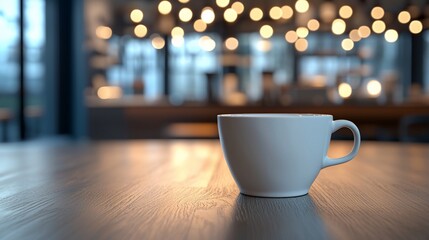 Fototapeta premium White coffee cup on wooden table in cafe. (1)