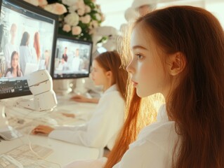 Explore a Virtual classroom with an AI-driven tutor assisting students in a high-tech futuristic learning space, featuring personalized education and advanced interactive tools These digital