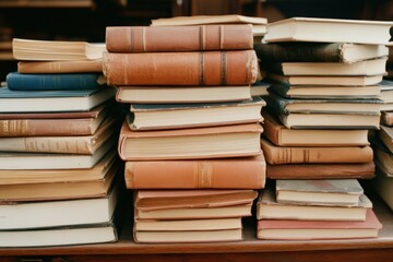 Explore curated knowledge with stacks of vintage books alongside A website displaying an extensive collection of digital literacy resources that provides a pathway to learning and information perfect