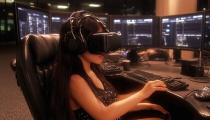 Explore effective Networking in Virtual Training Environments, building meaningful connections online, showcasing a person using a VR headset in front of multiple computer monitors, suggesting