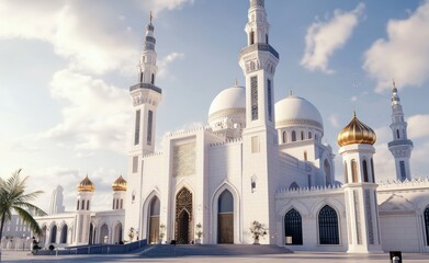 The grand and majestic iconic exterior of the historic white mosque in February, in the traditional Emirati style, features intricate geometric patterns. 