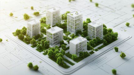 Eco-friendly urban development,miniature buildings surrounded by green trees on blueprint,sustainable city concept for real estate, architecture, and urban planning projects
