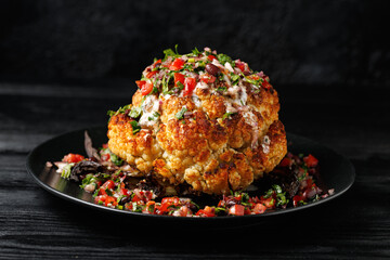 Whole Roasted Cauliflower head with fresh salsa and Greek yoghurt sauce. Healthy food