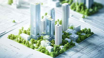 Eco-friendly city model, miniature cityscape with green trees on blueprint background, architecture design concept for sustainable urban planning, real estate, and eco-city development