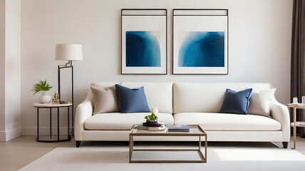 Serene Living Room with Abstract Art: A cozy and stylish living room featuring a plush white sofa, two abstract art prints in shades of blue, a glass coffee table, and minimalist side tables.