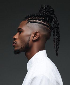 A man with box braids styled into a man bun