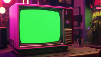 Retro TV, Green Screen, Neon Bar, 80s Vibe, Mockup