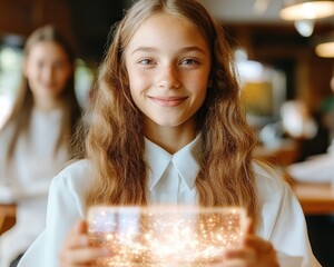 Explore next-generation remote education with this image showcasing a student using a holographic tablet for AI-assisted tutoring Witness the future of learning where interactive holographic displays