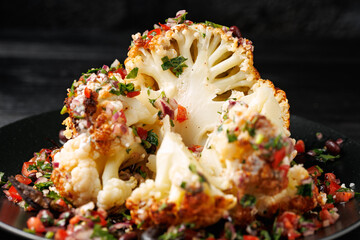 Whole Roasted Cauliflower head with fresh salsa and Greek yoghurt sauce. Healthy food