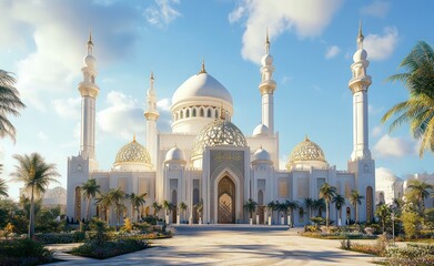 The grand and majestic iconic exterior of the historic white mosque in February, in the traditional Emirati style, features intricate geometric patterns. 