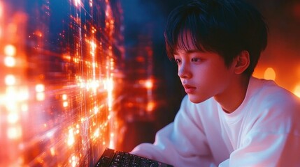 Explore the future of education with a young student taking an online lesson with a virtual tutor, engaging with futuristic UI elements surrounding the digital classroom Discover innovative learning