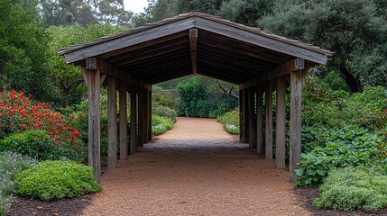 Obraz premium A wooden archway covered with blooming bougainvillea flowers in a peaceful garden.