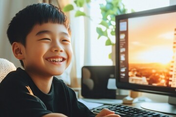 Happy young student engaging in interactive online learning, joyfully attending a virtual lesson with a floating digital whiteboard, receiving personalized intelligent tutor assistance, improving