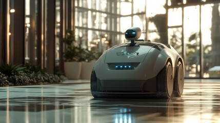 Obraz premium Autonomous cleaning robot glides across the polished floor of a modern building