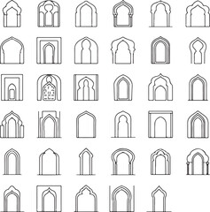 Set of 30 Editable Vector Icons: Islamic Door & Window Designs in Arabic, Moorish, & Persian Arch Styles