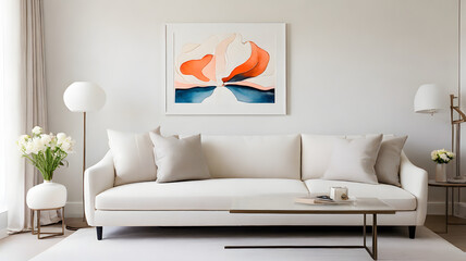 Modern Minimalist Living Room:  A contemporary living space exudes tranquility with its minimalist design, featuring a plush white sofa, soft throw pillows, and a sleek coffee table.