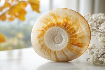 Obraz premium Beautiful Ammonite Shell, Showcasing Intricate Patterns, On Elegant Surface, In Natural Light