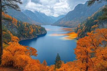 Stunning autumn landscape with vibrant orange foliage near a tranquil lake surrounded by mountains