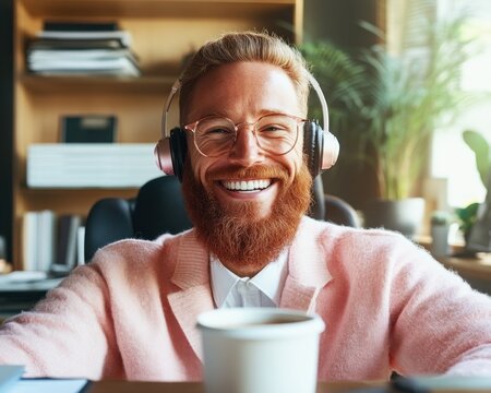 Unlock your potential with Mastering Virtual Presentations, Tips and Techniques for Effective Delivery This vibrant image of a smiling man with headphones in a home office encapsulates the energy of