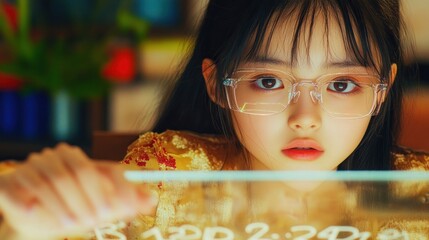 Young student wearing smart glasses, taking an online exam augmented with AR technology, enhancing education and testing This innovative approach to learning showcases a future where interactive