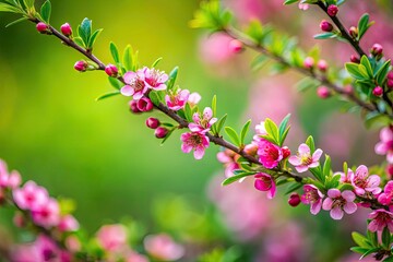 Delicate pink blossoms softly bloom on a green branch, captured in a candid macro shot.