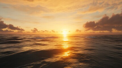 Obraz premium Golden hour over the ocean with sunset clouds and rippling waves reflecting the warm light