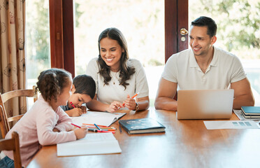 Fototapeta premium Education, love and remote work with family in dining room of home together for child development. Books, laptop or writing with happy mom, dad and kids in apartment for business, help or school