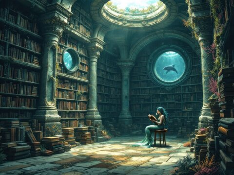 Enchanted Underwater Library with Mermaid and Dolphin"