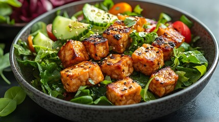 Freshly made vegan salad with tempeh, cucumber, and roasted vegetables, clean background for branding.