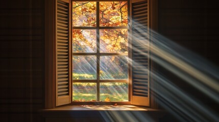 Shuttered window with one pane open letting through rays of light and a faint image of autumn leaves outside