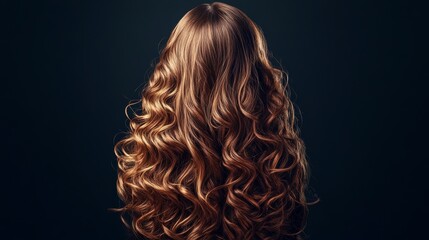 Fototapeta premium Head of a brown-haired with curly long hair on dark background isolated rear view head turning to the right