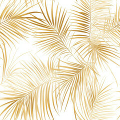 Golden palm leaves create tropical and elegant pattern on white background, perfect for summer decor or fashion. This design evokes sense of luxury and relaxation