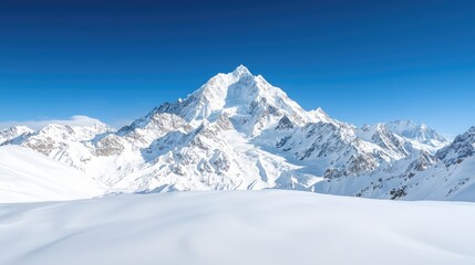 Obraz premium Majestic snow-capped mountain peak under a clear blue sky, winter landscape, ideal for travel brochures