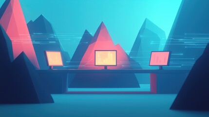 Modern Digital Workspace with Abstract Mountains and Computer Monitors