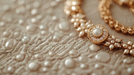 Obraz premium Exquisite Golden Necklace with Pearl and Diamond Detailing on Fabric