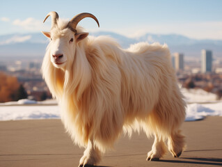 Fototapeta premium Adventurous Goat Posing Boldly On Urban Rooftop With Mountain Backdrop