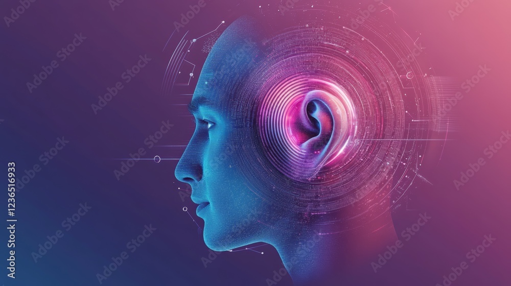 Poster human head profile with digital ear receiving and processing sound waves, symbolizing audio technolo