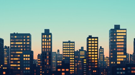 Obraz premium Urban Cityscape at Dusk with Illuminated Windows and Sky Glow