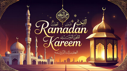 Ramadan Kareem horizontal vector banner, text in middle with lantern and Mosque. Ramadan Kareem ads, flyer, invitation, greeting card. Islamic background Ai Generative