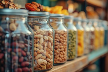 Obraz premium Assortment of Nuts and Dried Fruits in Glass Jars